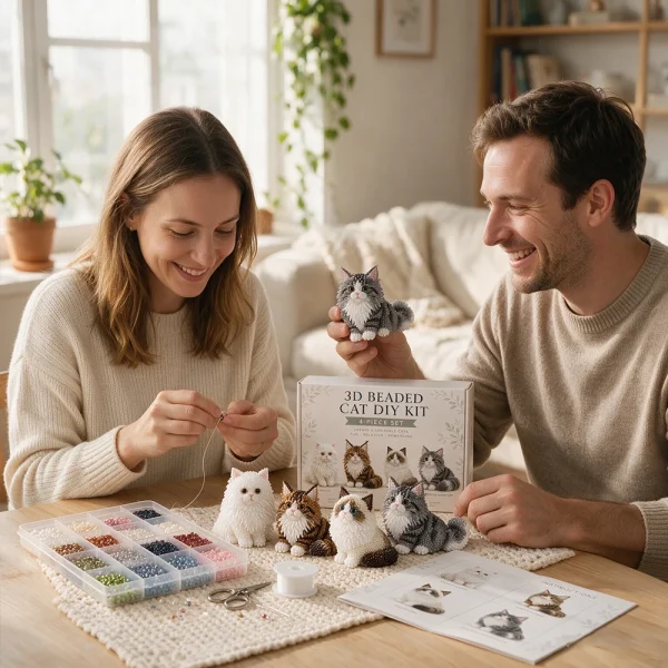 3D Beaded Cat DIY Kit. Make Four Lovely Cats. Complete Tools, Ideal Beginner Family Craft Gift.