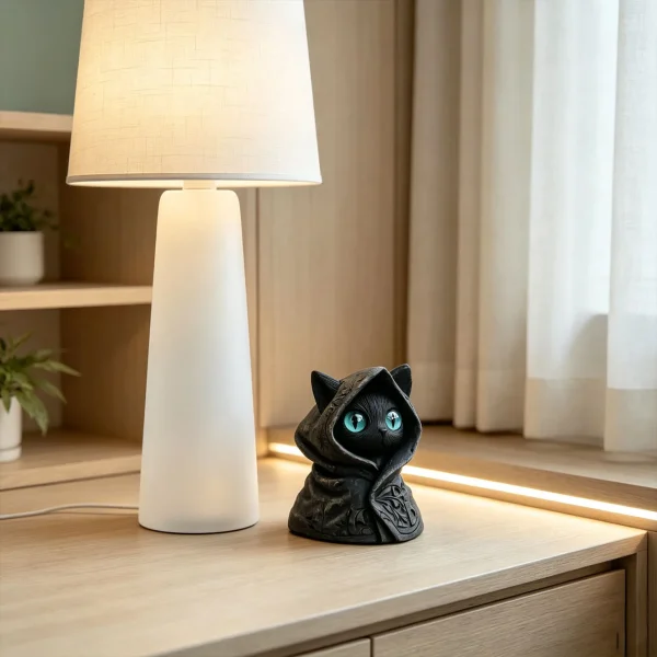Cute Animal 3D Printed Cat Sculpture Hooded Cloak Gothic Mysterious Cat Statue Halloween Home Decoration