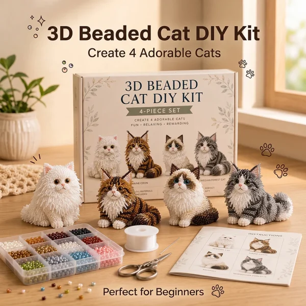 3D Beaded Cat DIY Kit. Make Four Lovely Cats. Complete Tools, Ideal Beginner Family Craft Gift.