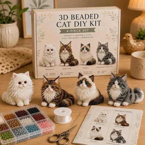 S79e07ccdb28b46c9ba612fa2f19ac10bz.webp 3D Beaded Cat DIY Kit. Make Four Lovely Cats. Complete Tools, Ideal Beginner Family Craft Gift.