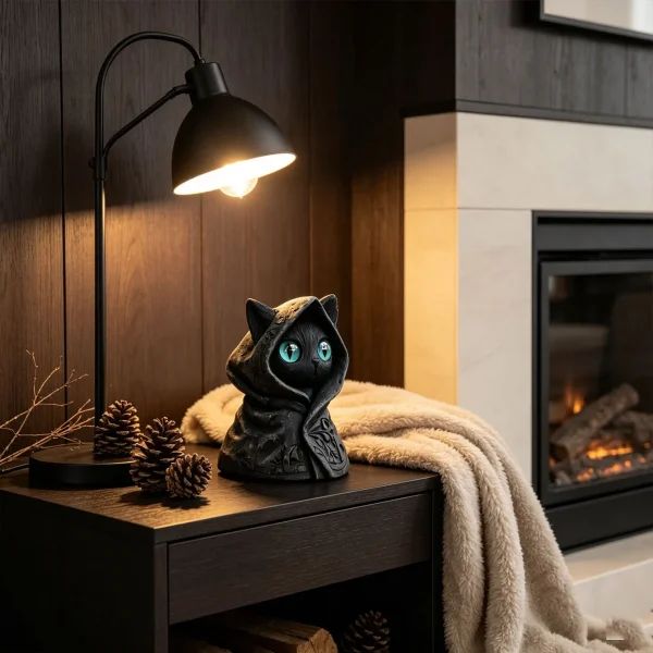 Cute Animal 3D Printed Cat Sculpture Hooded Cloak Gothic Mysterious Cat Statue Halloween Home Decoration