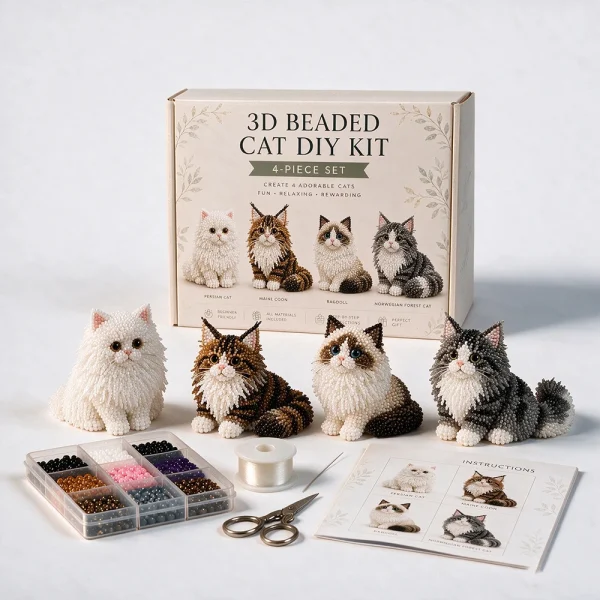 3D Beaded Cat DIY Kit. Make Four Lovely Cats. Complete Tools, Ideal Beginner Family Craft Gift.
